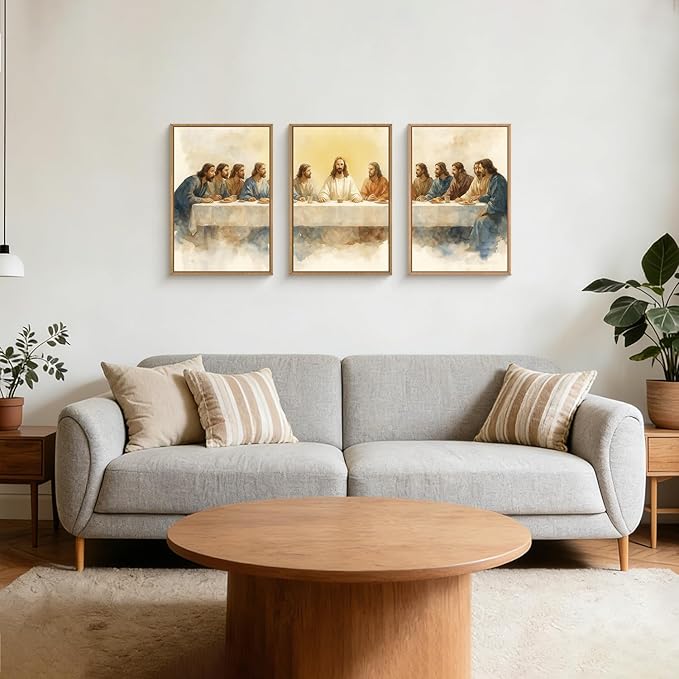 FWIEXA Jesus Last Supper Canvas Wall Art Set 3, Framed Christian Decor Painting, Religious Boho Prints, Bible Watercolor Artwork, 24x36In Verse Scripture Pictures for Living Room,Bedroom,Prayer Room