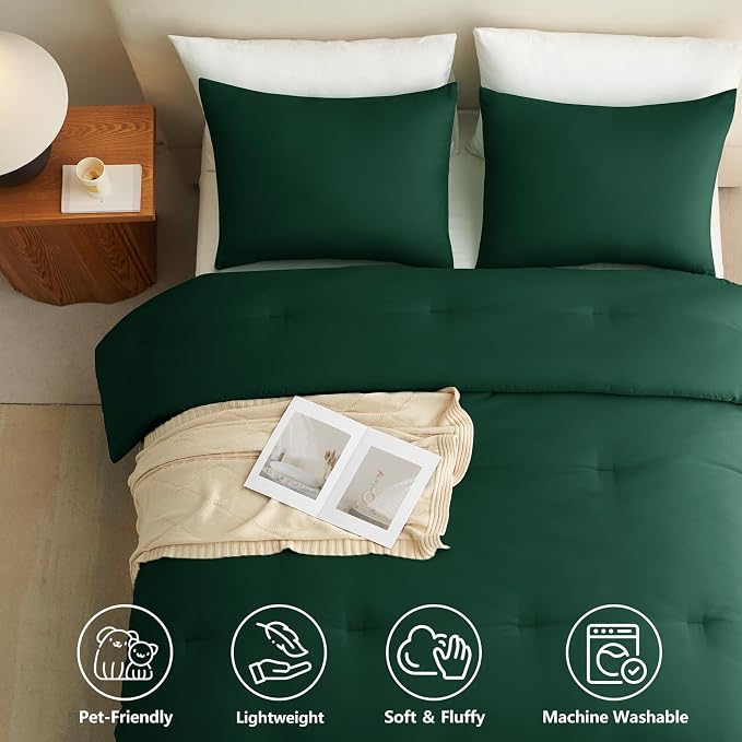 CozyLux Twin Comforter Set College Dorm Essentials, 2 Pieces Emerald Green Twin Extra Long Solid Bedding Set, Twin XL Bed Set with Down Alternative Comforter and 1 Pillowcase, Back to School Room Gift