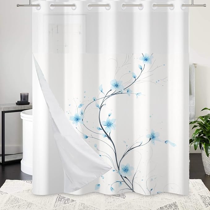 No Hook Shower Curtain with Snap in Liner Blue Watercolor Flowers Plant Shower Curtain with Liner for Bathroom Modern Hotel Fabric Washable 71x74 Inch