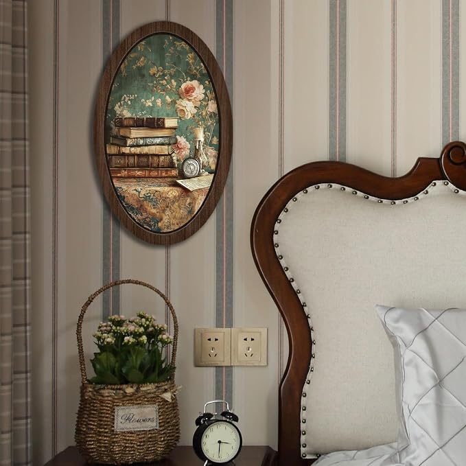 UYIKG Vintage Floral Wall Art Oval Framed,Farmhouse Oval Wall Decor,Rustic Farmhouse Cottagecore Wooden Framed Decor for Theme Room Home Bedroom Living Room Reading Room 9x14.6 in