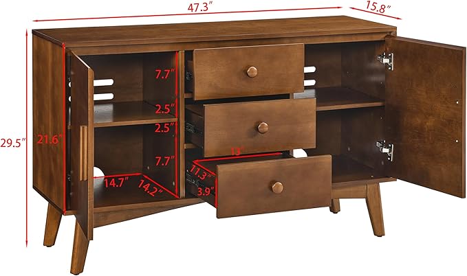 LKTART 47.3" Mid Century Modern Sideboard Buffet Cabinet with Solid Wood Frame&Legs,Accent Storage Cabinet with 2 Doors and 3 Drawers for Kitchen,Entryway,Walnut