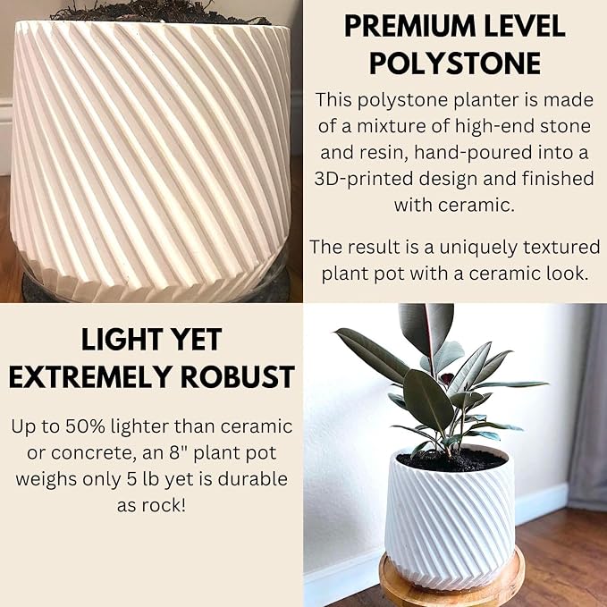 Fox & Fern Large Indoor Planter, Modern Large Plant Pot for Indoor or Outdoor, UV and Frost Resistant - 8 Inch, Polystone, Matte White Flower Pot with Drainage Plug, 3D Printed Design