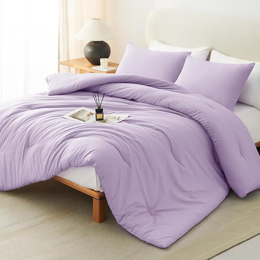 CozyLux King Size Comforter Set Lavender, 3 Pieces Lightweight Down Alternative Quilted Bedding Set, Light Purple All Season Breathable Solid Comforter with 2 Pillowcases, Luxury Bed Set Gift for Home
