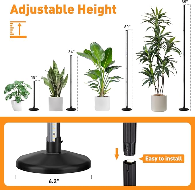 BlumWay 65 Inch Grow Lights for Indoor Plants,36W,660nm+3000K+6000K, 336 LEDs Full Spectrum LED Standing Plant Lights with 2 Timers and 10 Level Dimming Detachable Plant Growing Lamps for Greenhouse
