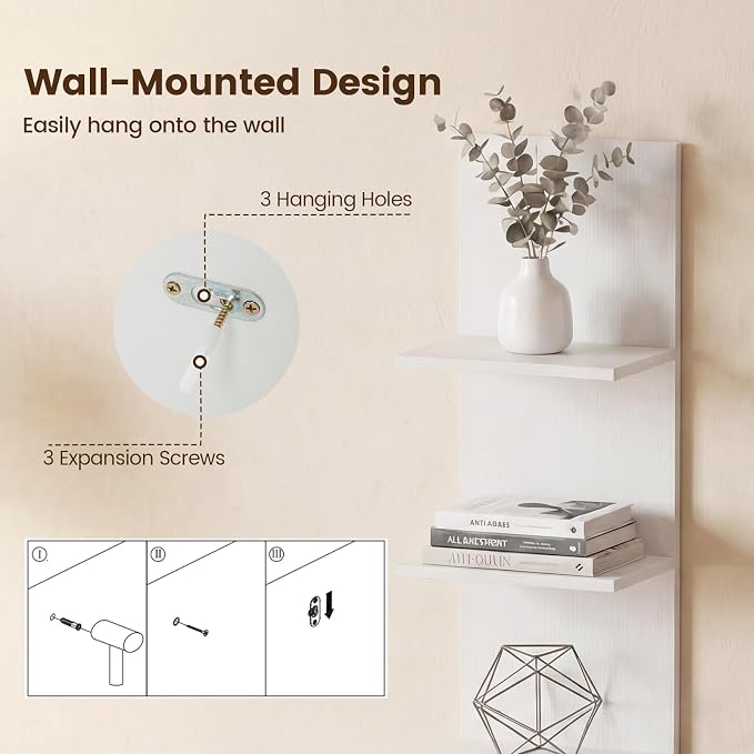 GOFLAME 5-Tier Wall Shelf, Wooden Display Floating Shelves, Wall Mounted Bookshelf Shelving Unit, Modern Storage Organizer Vanity Shelves for Living Room, Bedroom, Home Office (2,White)