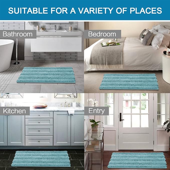 H.VERSAILTEX Bathroom Rugs Bath Mats Sets Super Absorbent Chenille Striped Bath Mats Non Skid Machine Wash Dry Rugs for Bathroom Floor Set of 2(Aqua Haze, 24 x 36 Plus 20 x 32 - Inches)