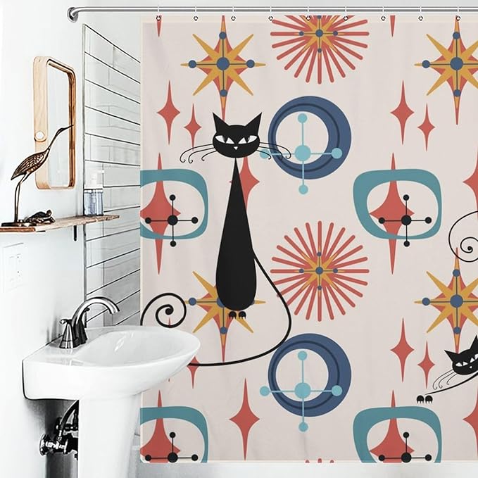 Mid Century Black Cat Shower Curtain,Modern Atomic Retro Abstract Geometric 60s 70s Iconic Decor Fabric Bathroom Curtain with Hook 72x72in（183x183cm）