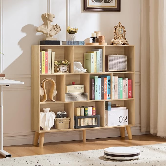 LEYAOYAO 10 Cube Bookshelf,3 Tier Modern Wide Bookcase with Legs,Mid-Century Wood Bookshelves Storage，Light Wood Large Book Case,Freestanding Organizer Display Shelf for Bedroom,Living Room,Office