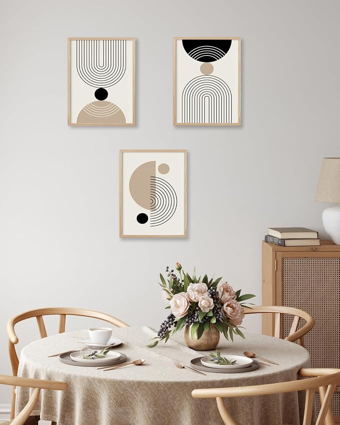 HesenDot Unframed Abstract Geometric Line Wall Art Set of 3, 12x16in Boho Mid Century Canvas Prints, Modern Arch Posters, Neutral Minimalist Wall Decor for Living Room Bedroom Bathroom Study, Unframed