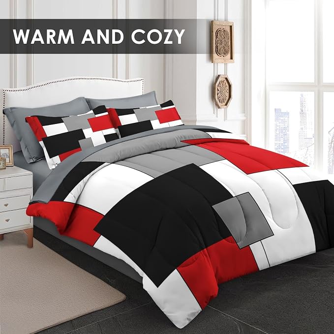 WeCozy 7 Pcs King Size Comforter Set with 2 Pillowcases & 2 Shams, Red and Black Geometric Bedding for Kids and Adults, Abstract Gray Bed in a Bag with Flat Fitted Sheet