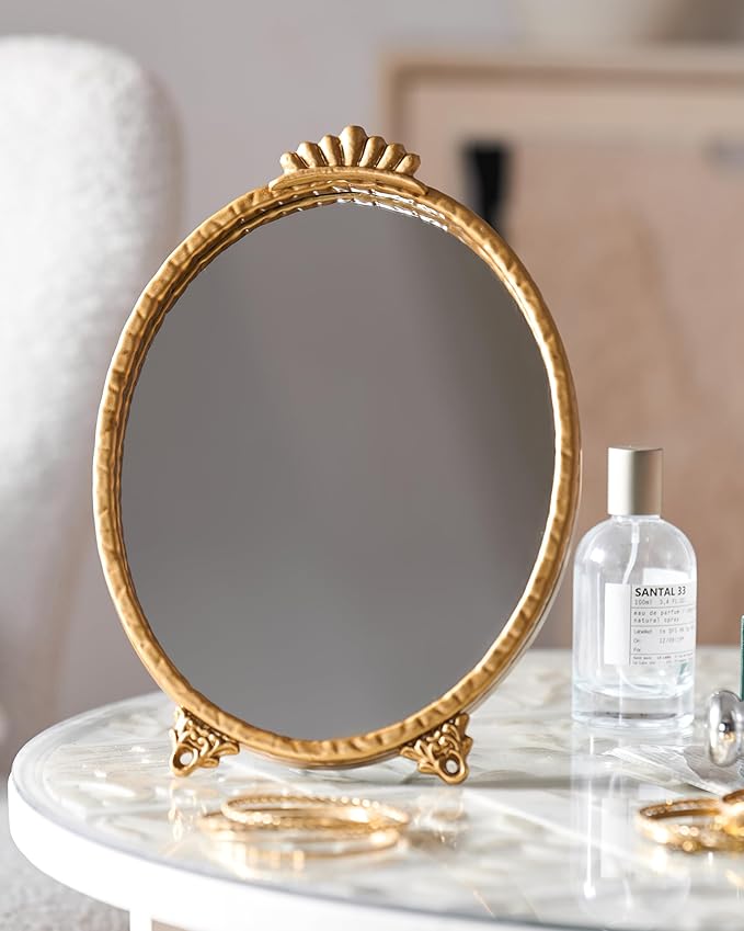 Gold Vintage Decor Vanity Mirror,Baroque Wall Art Retro Oval Mirror,Antique Wall Mirrors Decorative,Maximalist Decor Mirror for Desk Bedroom Bathroom Dresser Wall-Mounted,11.0" L x 7.9" W Gold