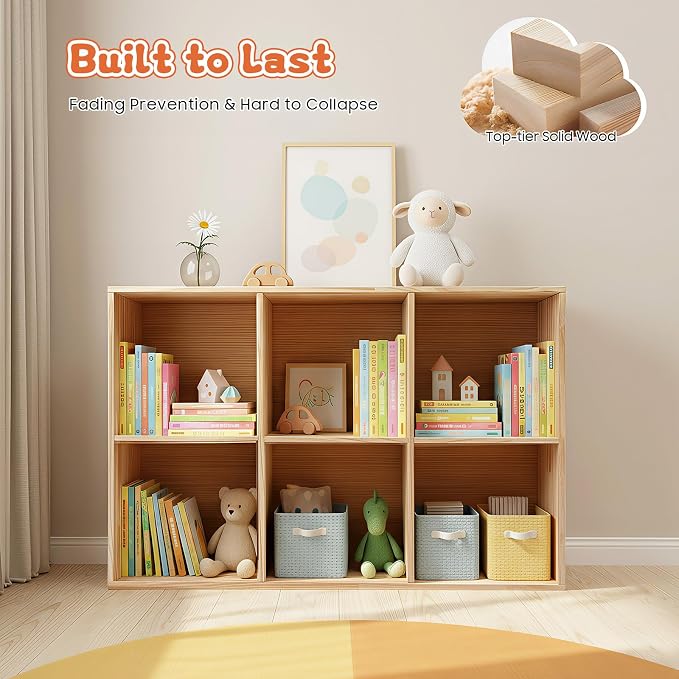 6 Cube Storage Shelf, 2-Tier Solid Wood Cube Storage Organizer, Vertical or Horizontal Floor Standing Open Bookcase for Bedroom, Study, Bookstore & Office