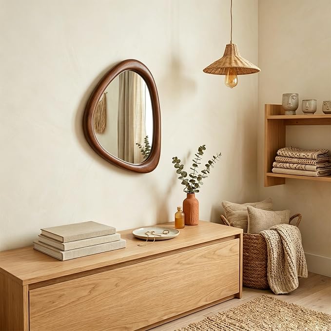 MAGFLERUM Irregular Wall Mirror, 15 * 10 inch Asymmetrical Wood Mirrors, Small Wall Mirror, Hanging Vertically and Horizontally. Mirrors for Wall Decor (Black Walnut)