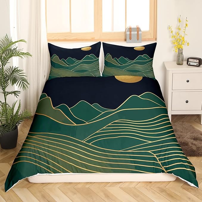 Erosebridal Mid Century Bedding Sets Full Boho Moon Comforter Cover Nature Abstract Duvet Cover Black Gold Green Quilt Cover Watercolor Mountain Bedspread Cover Geometric Lines Room Decor 3pcs