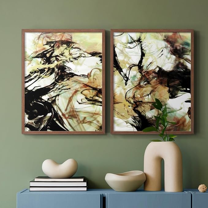 Renditions Gallery Set of 2 Peel & Stick Framed Prints, Abstract Wall Art, Vaping Smoke Design Wall Decor, Re-Stickable - Ready to Hang - 22"x28" - Walnut Frame LT588