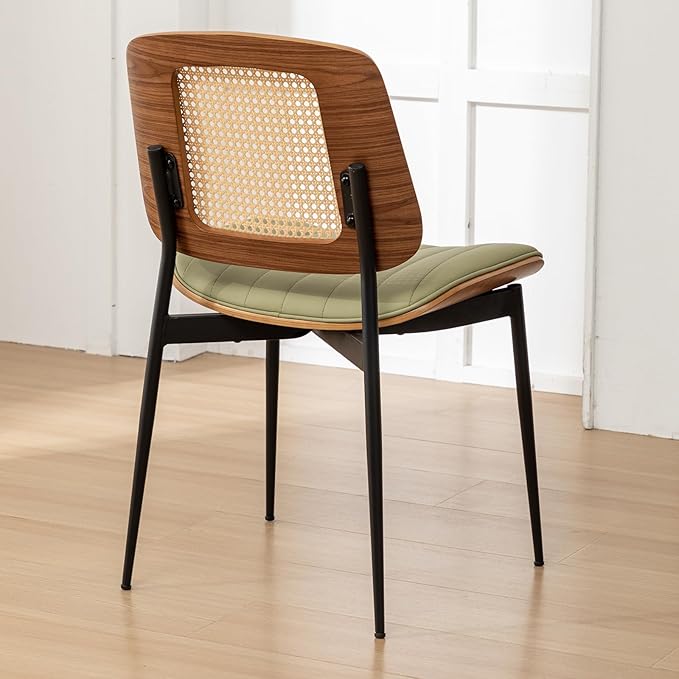 Rattan Dining Chairs Set of 4,Mid Century Green PU Leather Kitchen Chairs,Upholstered Seat Metal Legs Chairs with Adjustable Foot Pads,Walnut Armless Side Chairs