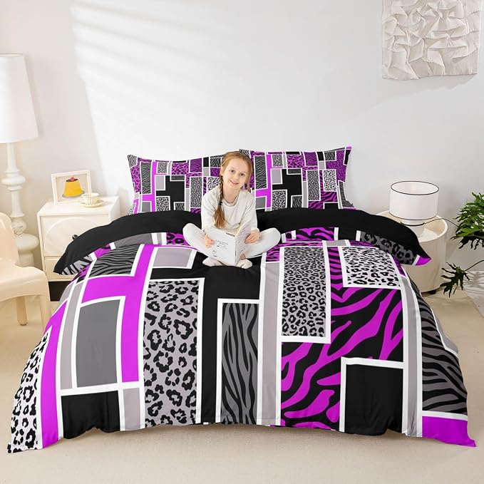 Erosebridal Leopard Print Bedding Set King Cheetah Zebra Stripes Fur Print Duvet Cover Violet Geometric Square Patchwork Comforter Cover for Kids Teen Adults,Rustic Wild Animals Skin Texture Bed Set