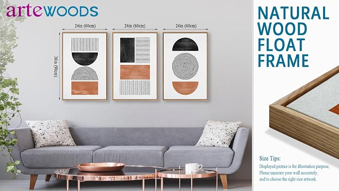 Framed Wall Art Canvas Set Mid Century Boho Pictures Modern Geometric Wall Decor Minimalist Black Brown Bohemian Abstract Painting Artwork for Living Room Bedroom Office 24"x36"x3 Natural