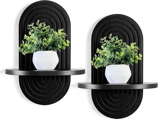 Set of 2 Boho Arched Floating Shelves 15.7”x 7.8”3D Wooden Hanging Shelf for Living Room Bedroom Nursery Mid Century Modern Wall Decor(Black, 11.7 * 15.7)