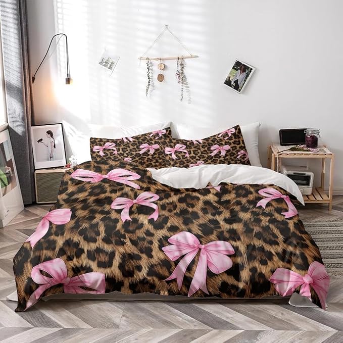 Black Brown Cheetah Pink Bow Pattern Bedding Sets Queen Size for Teen Girl Women Leopard Coquette Bow Bed Set Bedroom Decor Modern Fashion Comforter Set Leopard Print Duvet Covers 88"x88"