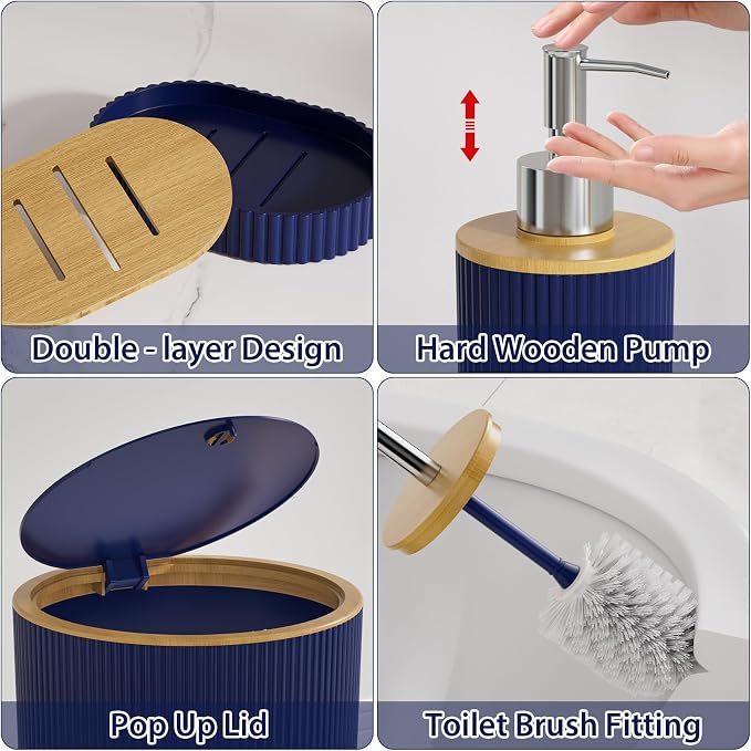 10PC Bathroom Accessories Set - Navy Blue and Wooden Bathroom Sets, Bathroom Accessory Set with Pop Up Trash Can, Toilet Brush, Trash Can, Qtip Holder & Soap Dispenser