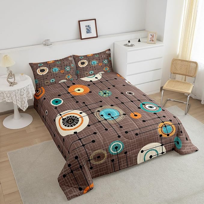 Geometric Grid Bedding Set Twin Brown Minimalism Comforter Set, Mid Century Duvet Insert Retro Atomic Quilt Comforter, Rainbow Circles Black Lines Bedding Comforters & Sets Abstract Room Decor