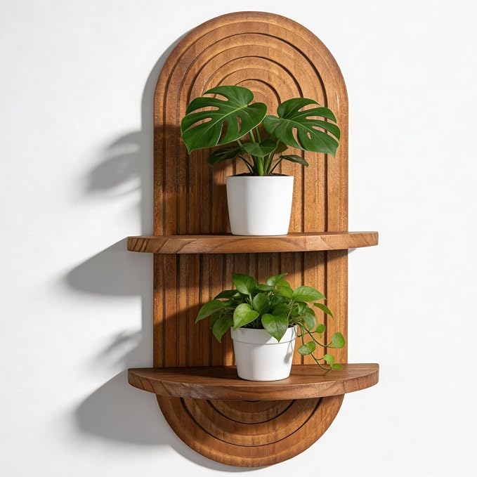 Boho Wall Shelf Decor Plant Wall Shelf Mid Century Modern Decor Hanging Plant Shelves, 2 Tier Wooden Art Floating Shelves for Home Bathroom Bedroom Living Room Planter