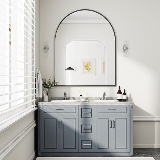 BEAUTYPEAK 36"x48" Arch Bathroom Mirror, Wall Mounted Vanity Metal Frame Mirror for Bedroom, Entryway, Living Room, Black