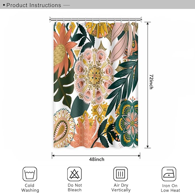 Bohemian Floral Bathroom Shower Curtain Boho Abstract Tropical Leaves Flowers with Hooks Polyester Waterproof Fabric Paisley Unique Trendy Woman Decor, 48x72 Inch