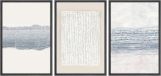 SIGNWIN Framed Canvas Print Wall Art Set Blue White Grunge Geometric Pattern Abstract Shapes Cozy Neutral Modern Art Decorative Contemporary Minimal for Living Room, Bedroom, Office - 16"x24"x3 Black