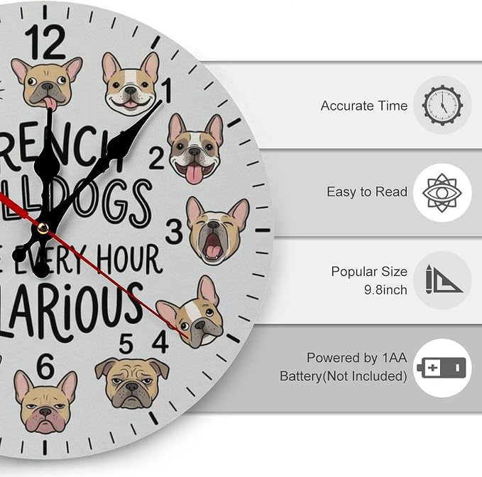 Cute French Bulldog Dog Wooden Wall Clock Silent Non Ticking 10/12in Battery Operated Decorative Pet Owner Gift for Kitchen Kids Room Office