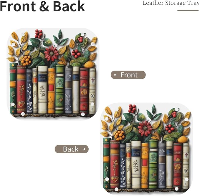Retro Wooden Row Of Colorful Books Valet Tray Leather Portable Tray Desktop Storage Organizer Bedside For Men Women Jewelry Keys Coin Candy Sundries