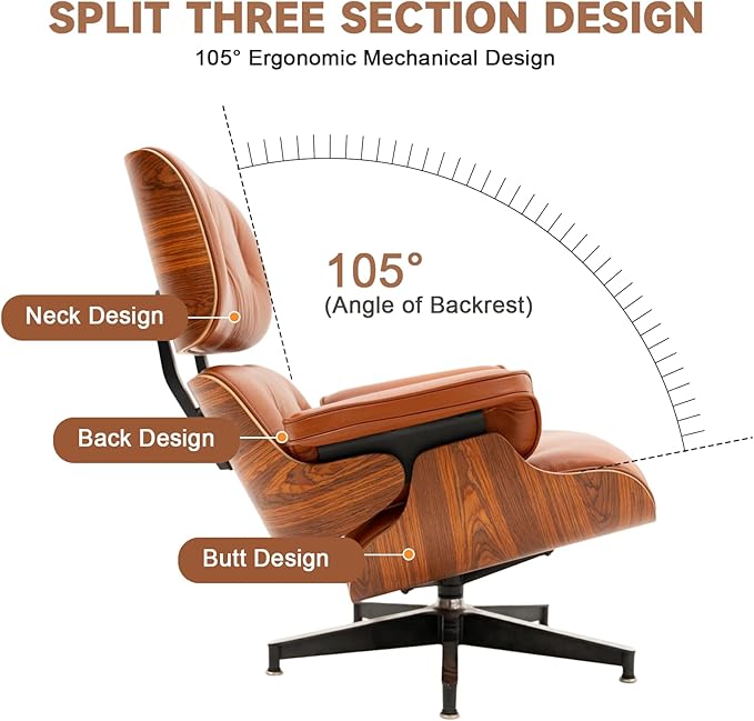Top Grain Leather, Mid Century Chaise Lounge Chair and Ottoman, Modern Chair Classic Design, Heavy Duty Base Support for Living Room Study Lounge Office, Palisander-Brown, Heightening