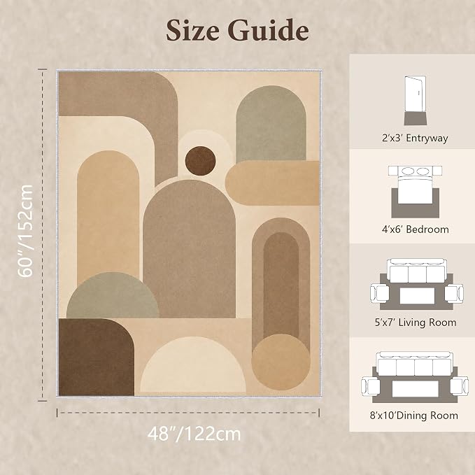Neutral Geometric Area Rug 4x5, Mid Century Modern Abstract Rug, Soft Taupe Beige Color Block Washable Low Pile Non Slip Rug for Living Room Bedroom