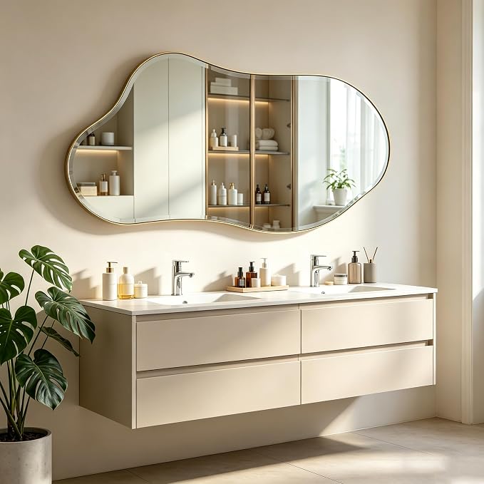 POZINO Large Irregular Beveled Mirror, 63"x31.5" Asymmetrical Wall Mirror with Gold Metal Frame, Organic Shaped Mirrors for Living Room Bedroom Bathroom Hallway Entryway, Horizontal/Vertical