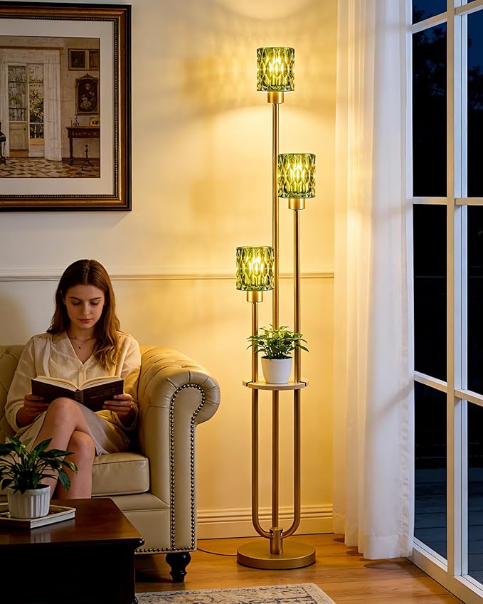 62IN Gold Floor Lamp with Green Glass Shade 3-Lights Mid-Century Modern Farmhouse Floor Lamps with 3000K Warm White Bulbs, Tall Standing Lamp 5Lbs Heavy Base for Living Room/Bedroom/Corner