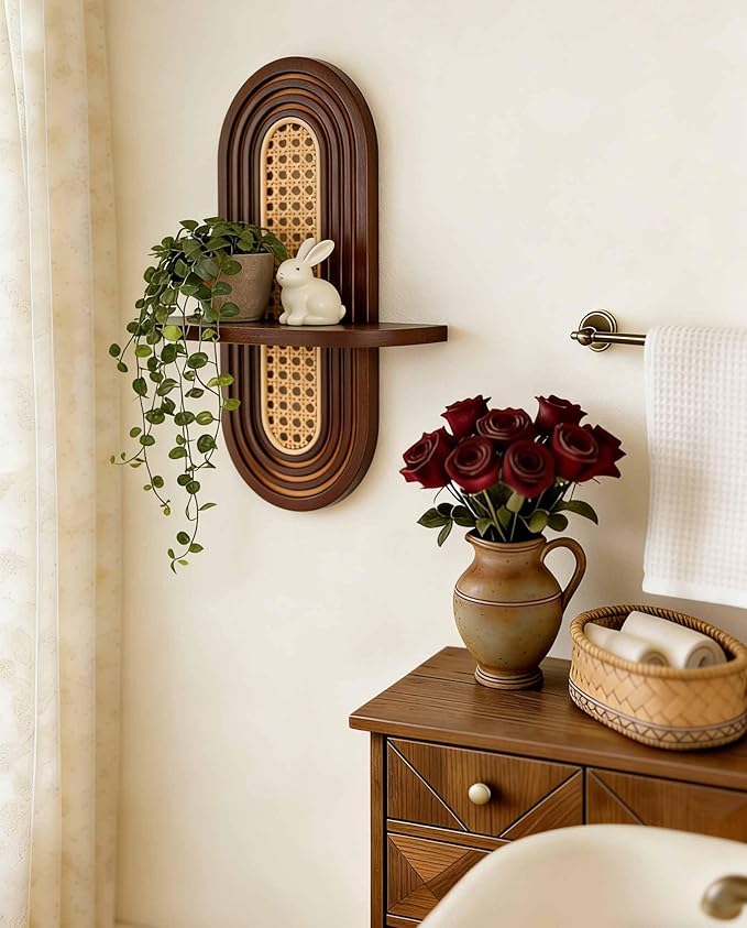 1pc Mid-Century Modern Wall Shelf - Arched Wood & Woven PE Rattan Boho Decorative Floating Shelf, Vintage Aesthetic Decor for Living Room, Bedroom, Kitchen & Home Office (Walnut)