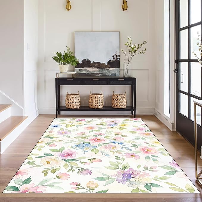 Watercolor Floral Rug 3'x5' Soft Pastel Botanical Area Rug for Entryway Bedroom Living Room Nursery Kitchen Playroom Home Decor Low Pile Non-Slip Washable Carpet