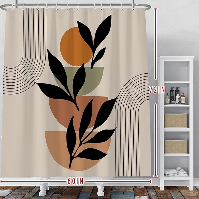Baocicoo Boho Mid Century Shower Curtain Set Modern Minimalistic Leaves Shower Curtain for Bathroom Dormitory Bathtub Decor Durable Fabric Waterproof Curtain for Bathroom with Hooks 60x72 Inches