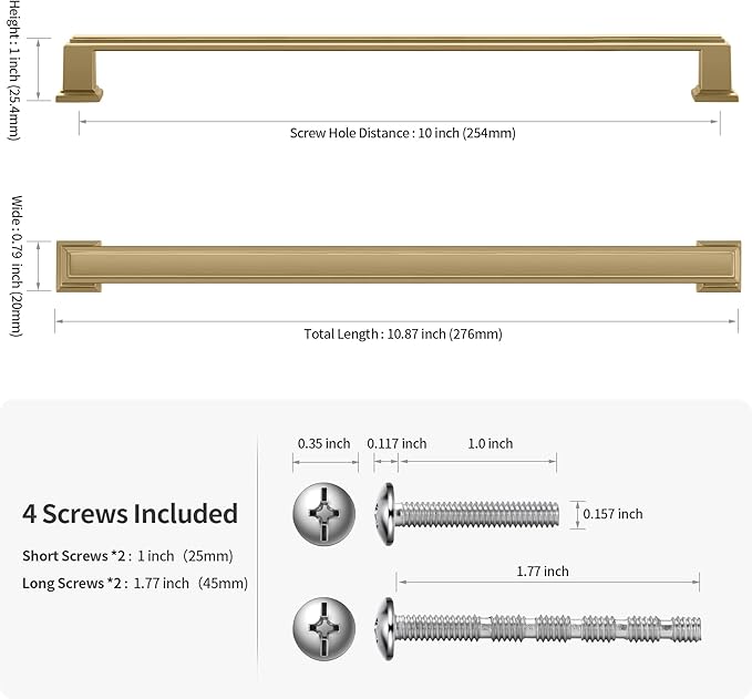 Lardmon 10 Pack 10 Inch(254mm) Hole Center Brushed Champagne Bronze Modern Cabinet Pulls Kitchen Cabinet Handles Kitchen Cabinet Hardware Timeless Drawer Pulls for Dresser Wardrobe, Champagne(10x10)