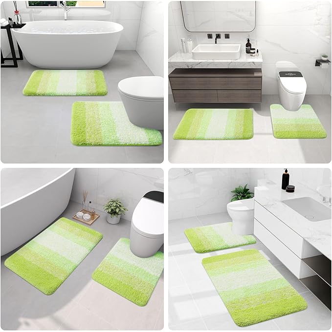 Arotive Microfiber Bathroom Rugs, Shaggy Soft and Absorbent Contour Toilet Rugs, Non-Slip, Thick Plush Machine Washable Dry Bath Mats for Toilet Base, 24x16, Light Green, Rectangular
