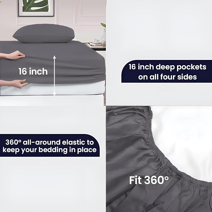 SGI bedding 100% Egyptian Cotton Sheets RV King Size – 600 Thread Count Sheets Set, Soft, Cooling, 15" Deep Pocket, Luxury Hotel Bedding, Breathable, Durable - Dark Gray