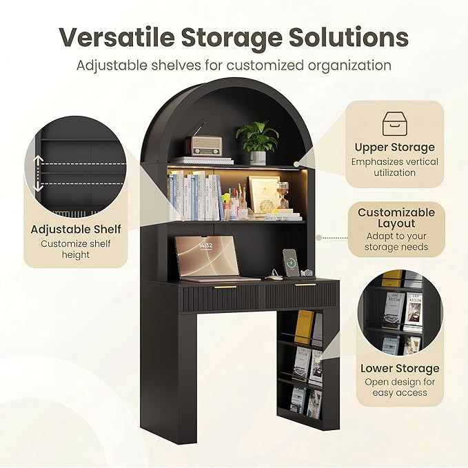 Arched Writing Desk with Hutch, Home Office Desk with 2 Drawers, Secretary Desk with Outlets, 3 Color LED Lights, Open Shelves, Computer Desk for Small Space, Bedroom 35.4" W x 70.8" H (Black)