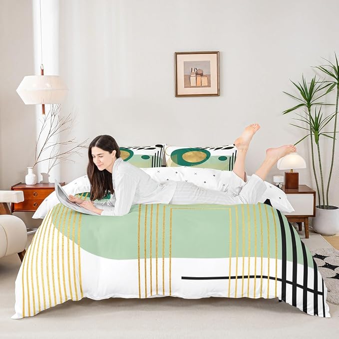 Erosebridal Green and White Abstract Boho Queen Comforter Cover Minimalist Aesthetic Neutral Duvet Cover Mid Century Modern Bed Set Botanical Leaves Geometric Bedding Set