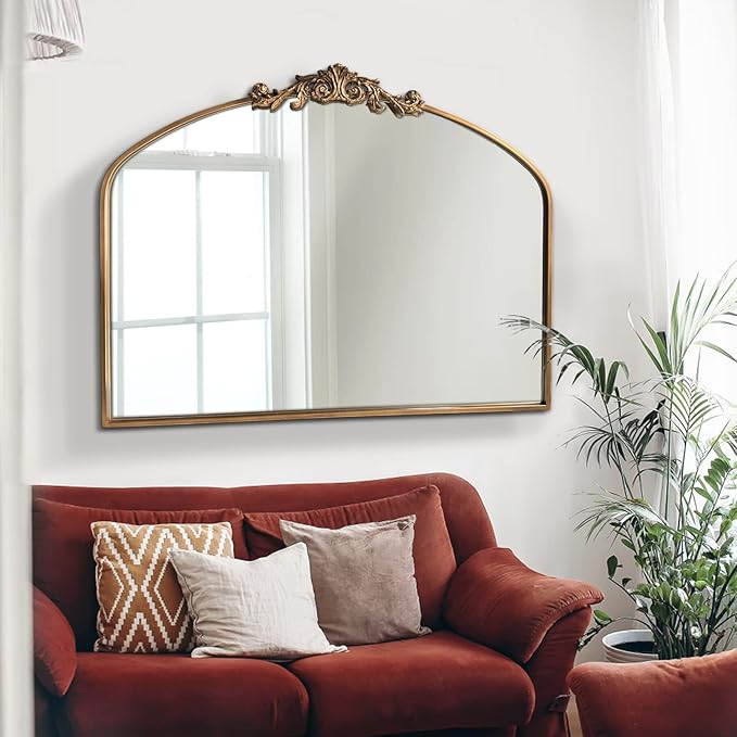 Gold Arched Mirror,Baroque Brass Fireplace Mirror Decor, Victorian Vintage Mirrors with Full Matel Frame,Ornate Mirrors for Entryway/Bathroom/Living Room/Hallway 36"X30"