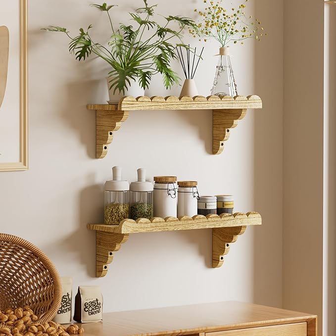 Scalloped Wood Wall Shelf – 17 Inch Floating Shelf with Wood Brackets, Easy to Install Rustic Wall Shelf for Living Room, Bedroom, Bathroom, or Any Space - Light Brown