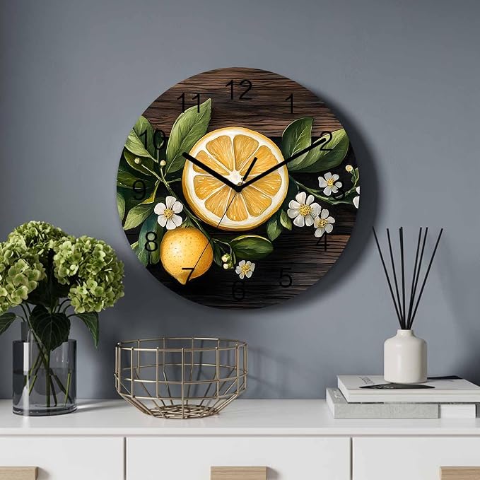 Lemon Flowers Wall Clock Battery Operated Non-Ticking 12" Round Wood Clocks, Vintage Style Kitchen Wall Clock for School Bathroom Living Room Home Office Wall Decor