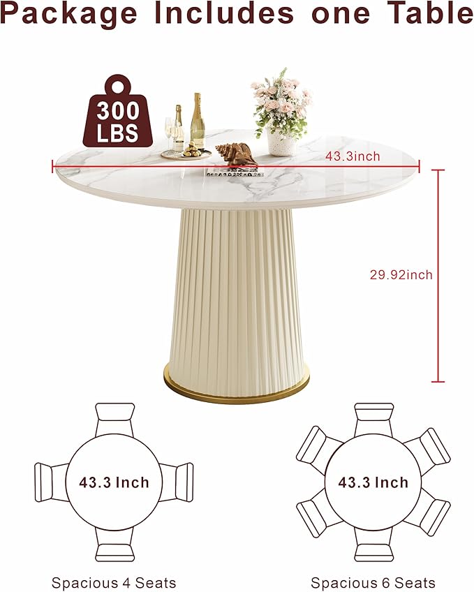 43" Round Dining Table for 2 4 5, Modern Sintered Stone Top Wood Circle Kitchen Table with PU Leather Iron Pedestal for Dining Room Kitchen, Dinner Living Room, Restaurant White