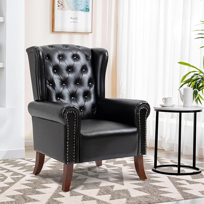 Faux Leather Accent Chair, Mid-Century High Back Armchair Upholstered Club Sofa Chair with Wooden Legs, Living Room Chair for Bedroom, Office, Lounge (Black)
