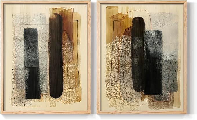 Renditions Gallery Set of 2 Peel & Stick Framed Prints, Pattern Abstract Wall Art, Burnt Toast Pattern Wall Decor, Re-Stickable - Ready to Hang - 16"x20" - NATURAL WOOD Frame LT588